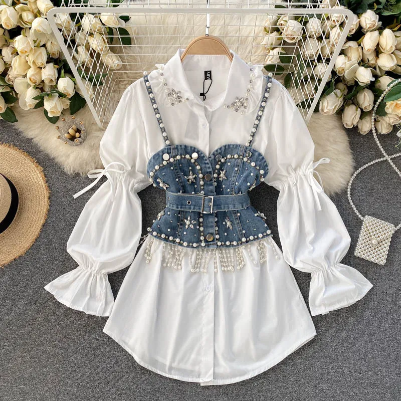 

Spring Autumn Korean Edition Mid Length Beaded Flare Sleeve Shirt Two piece Set New Beading Style Denim Camisole Vest For Women