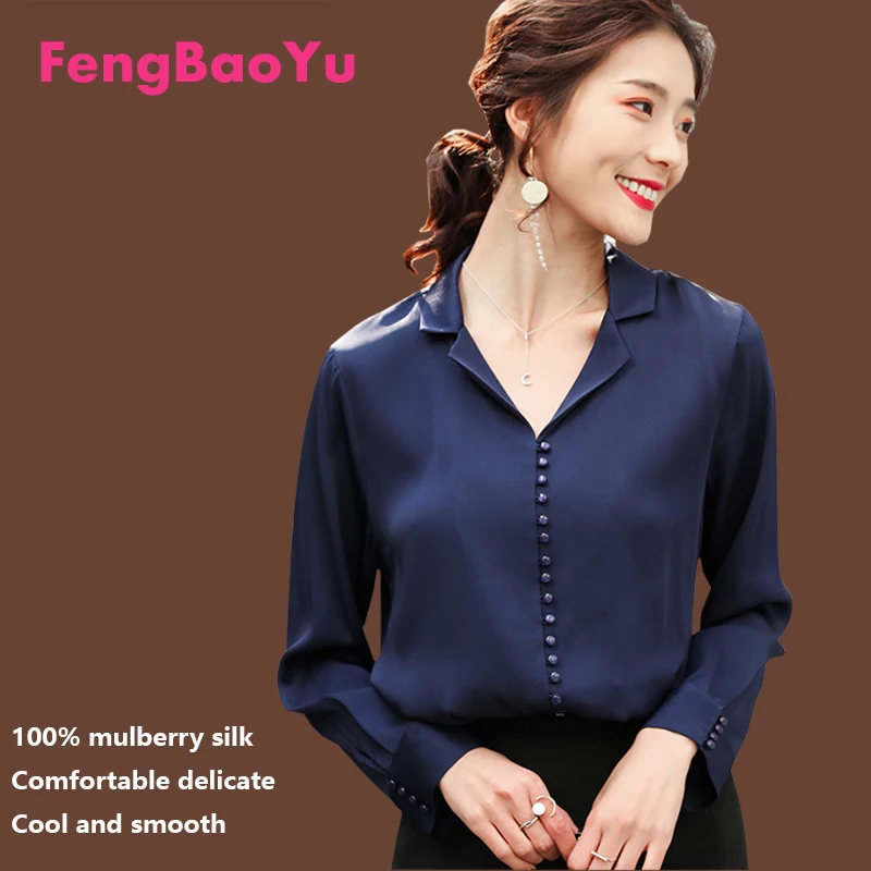 100% Mulberry Silk Long Sleeve Shirt Navy Blue Silk Elegant Noble Business Casual Fashion Blouse Light Luxury Women's Wear