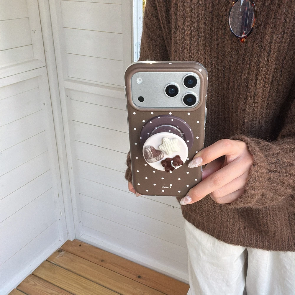 Luxuriöse braune weiße Polka Dot-Muster-Magnet-Handyhülle für iPhone 13, 14, 15, 16, 17 Pro Max, stoßfeste, niedliche Abdeckung für Magsafe-Hülle – Detail 13
