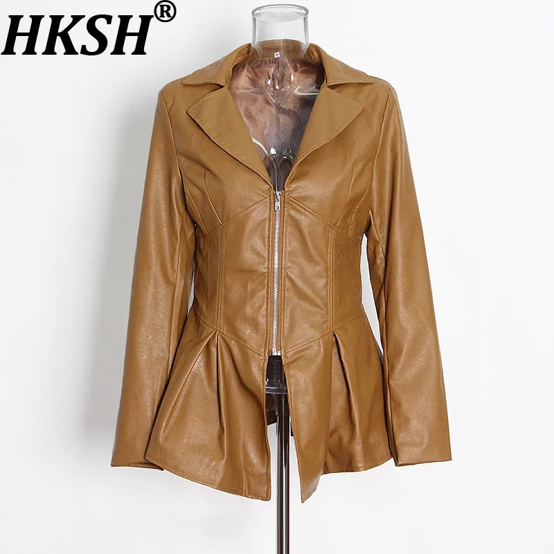 

HKSH Spring Autumn New Women Tide Dark Leather Jackets Fashion Elegant Niche Design Slim Waist Solid Color Coats Chic Ins HK9433