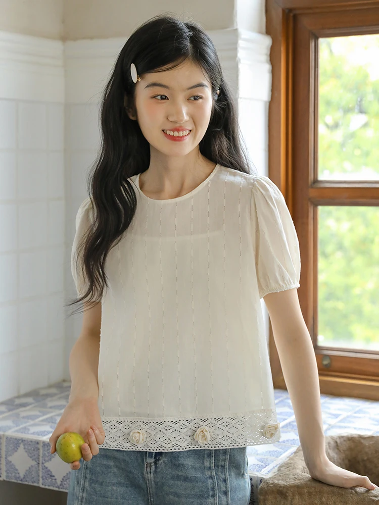 

Nesoulum Women's ort Sve irt Pure Cotton Embroidered Flared Hem Vintage Summer Loose Fit Cotton Top Bubble Sve