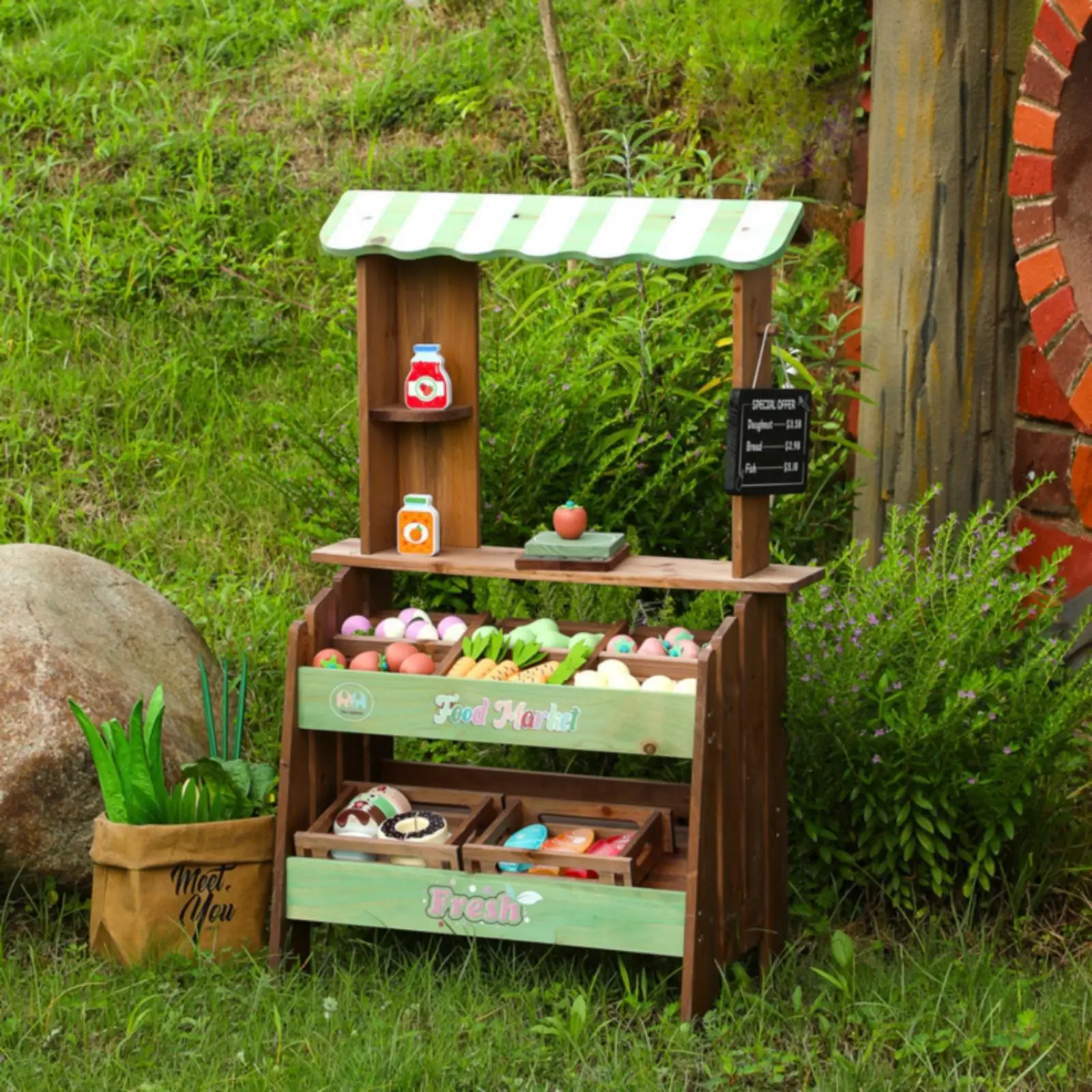Pretend Market Stall Wooden Children Shop Play Kitchen with Green Accents for Toy Grocery Display