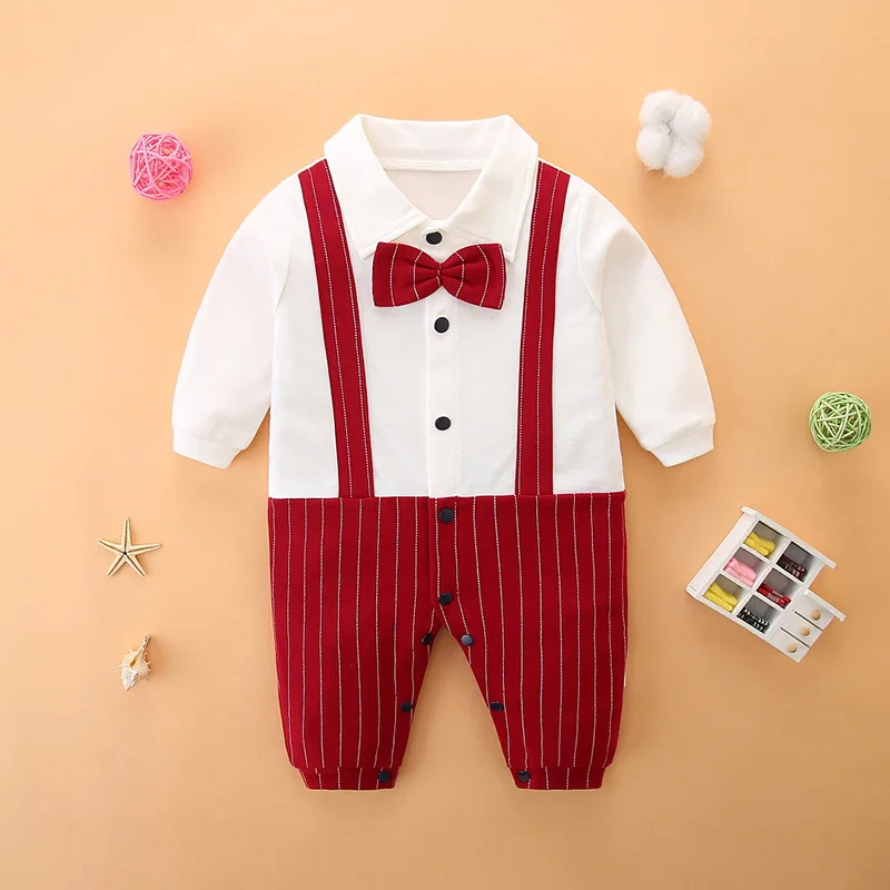 

Весенние комбинезоны для маленьких мальчиков, полосатые боди для новорожденных мальчиков с бантом и отложным воротником, детские комбинезоны для маленьких мальчиков, комбинезоны для маленьких мальчиков