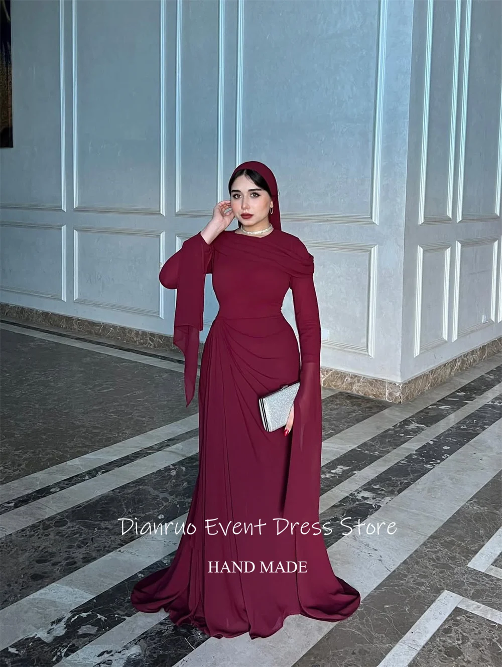 Dianruo Burgund O-ansatz Abendkleid Falten Meerjungfrau Abendkleid Modest Bodenlangen Muslimischen Chiffon Hochzeit Party Kleid Angepasst
