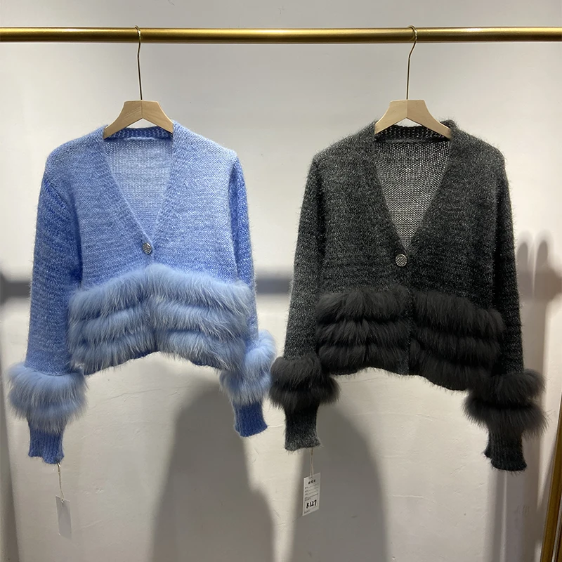 Pull tricoté en vraie fourrure de renard pour femme, décoration extérieure, mode automne, manteau à simple boutonnage