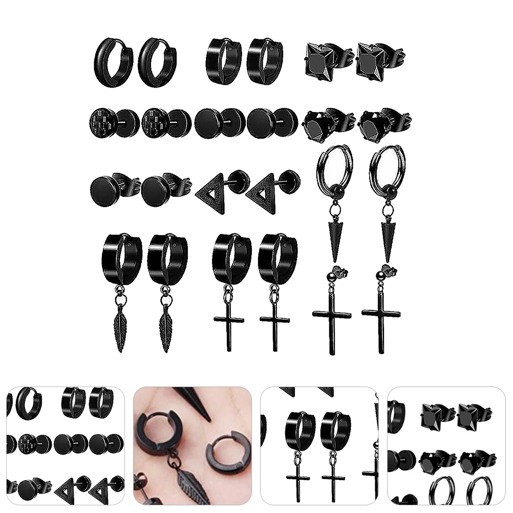 

12 Pairs Black Cross Stud Earrings Punk Accessory Personality Piercing Stainless Steel Studs Titanium