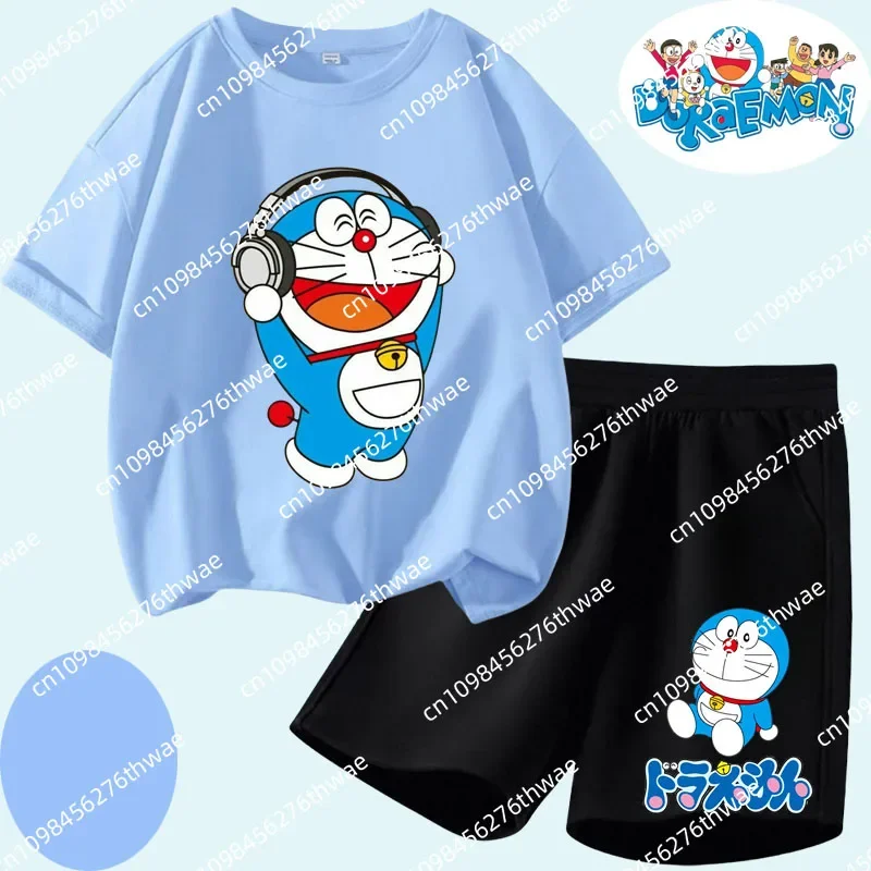 

Комплект детской футболки Doraemon с мультяшным принтом волшебного кота для мальчиков и девочек — милая летняя спортивная рубашка с короткими рукавами