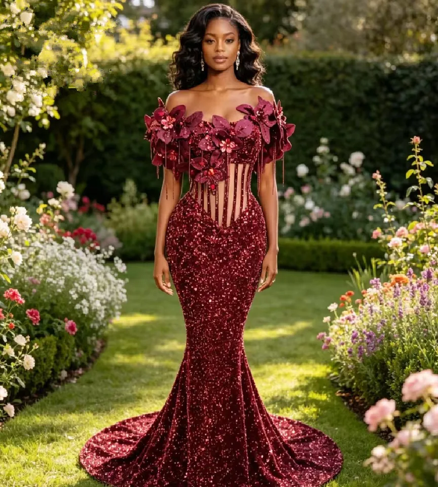 

Burgundy Sequins Mermaid Long Prom Dresses Customized Off Shoulder African Beading Tassels Party Dress Black Girls Evening Gowns