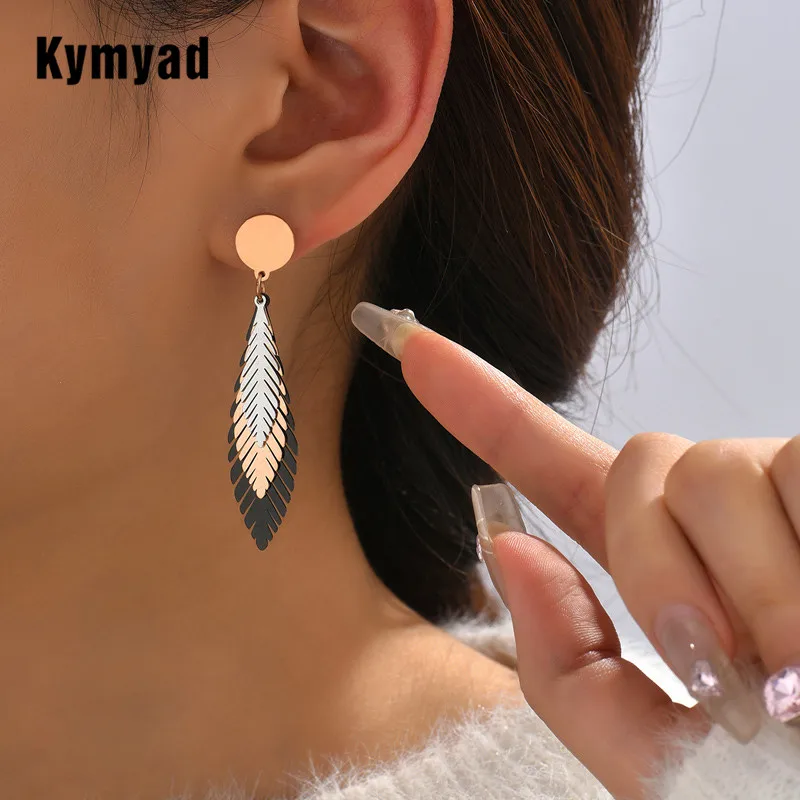 Kymyad Titanium Women's Earring Leaves Shaped Earrings Jewelry For Women Three Color Statement Earrings Luxury Fashion Jewelry