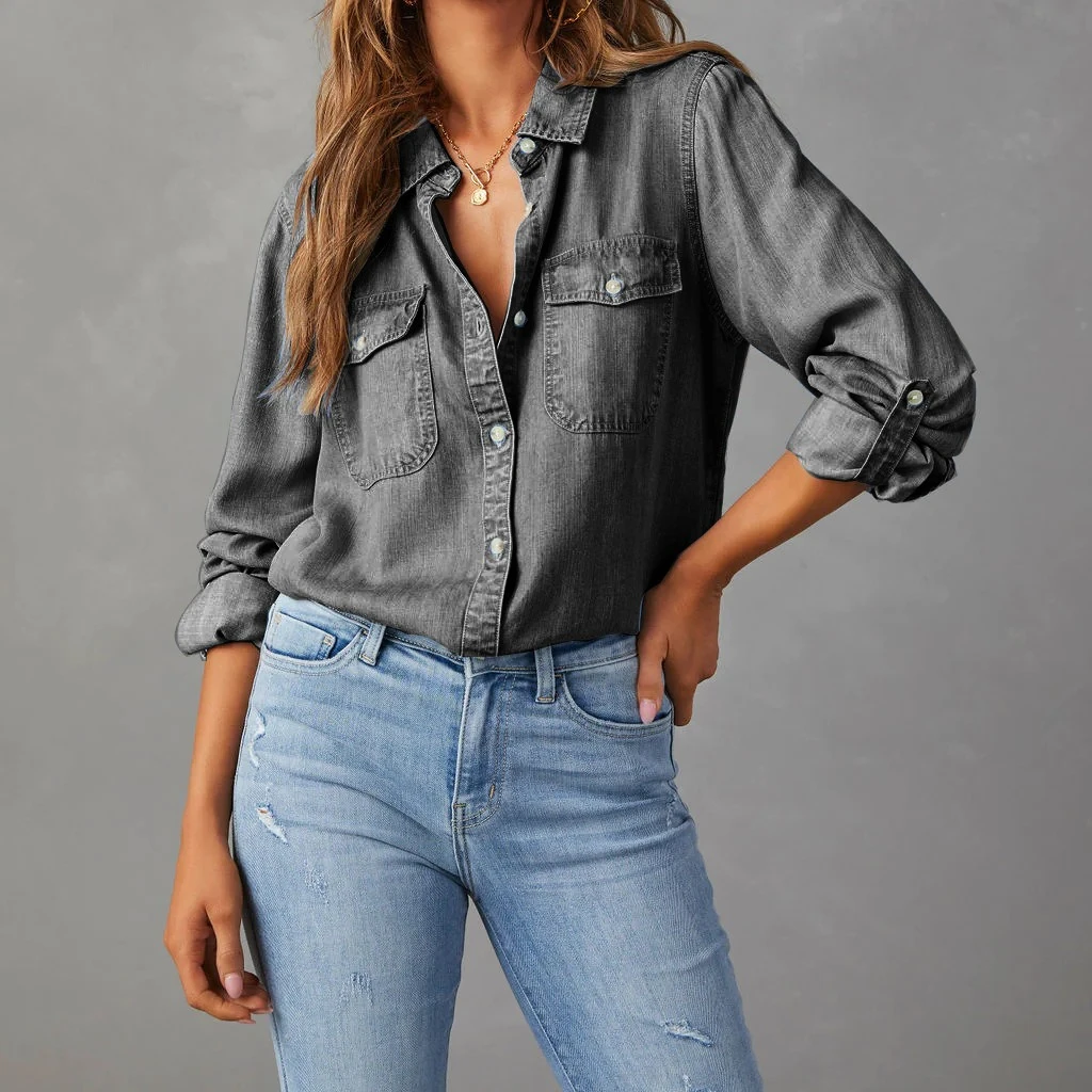 

Denim Shirts Women Streetwear Blouse Washed Outerwear Pocket Mom Jeans Turn Down Collar Single Breasted Tops 2025 Y2k Streetwear