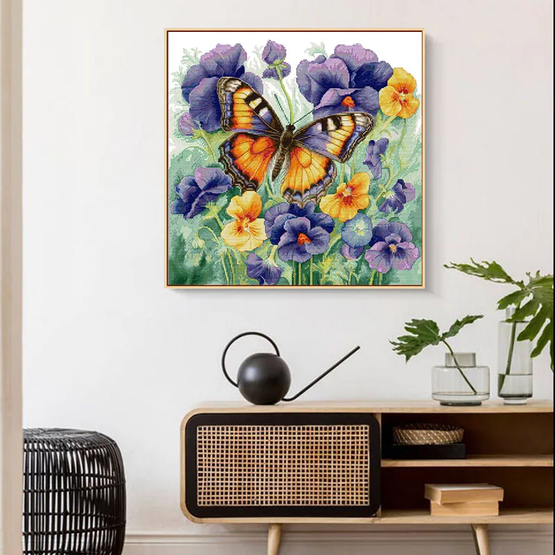 Joy Sunday Cross Stitch Kit DIY Handmade Embroidery Butterfly with Pansies Pattern Living Room Hanging Display Home Decoratin