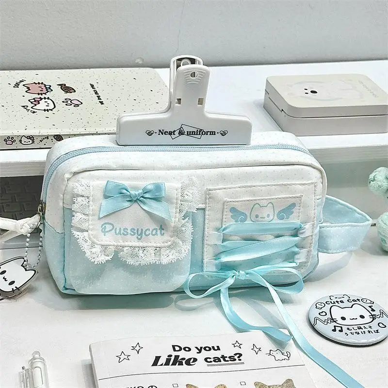 Tragbares Federmäppchen mit Schleifendesign, große Kapazität, mehrschichtige Stifttasche, gepunkteter Handtaschen-Organizer für Schreibwaren, Schulbedarf – Detail 1