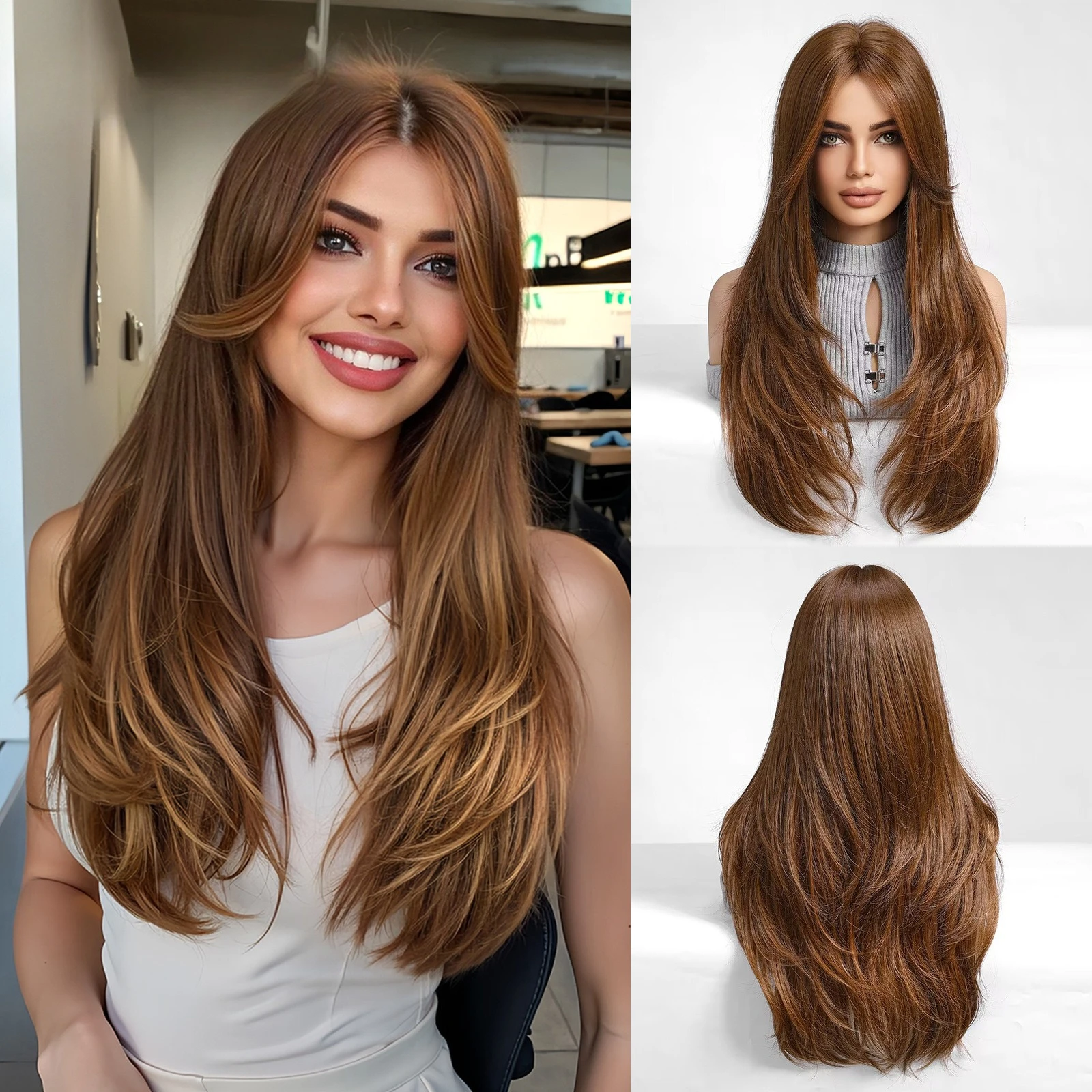 

European and American style wig female long hair, light brown figure-eight bangs, whole daily natural full headgear