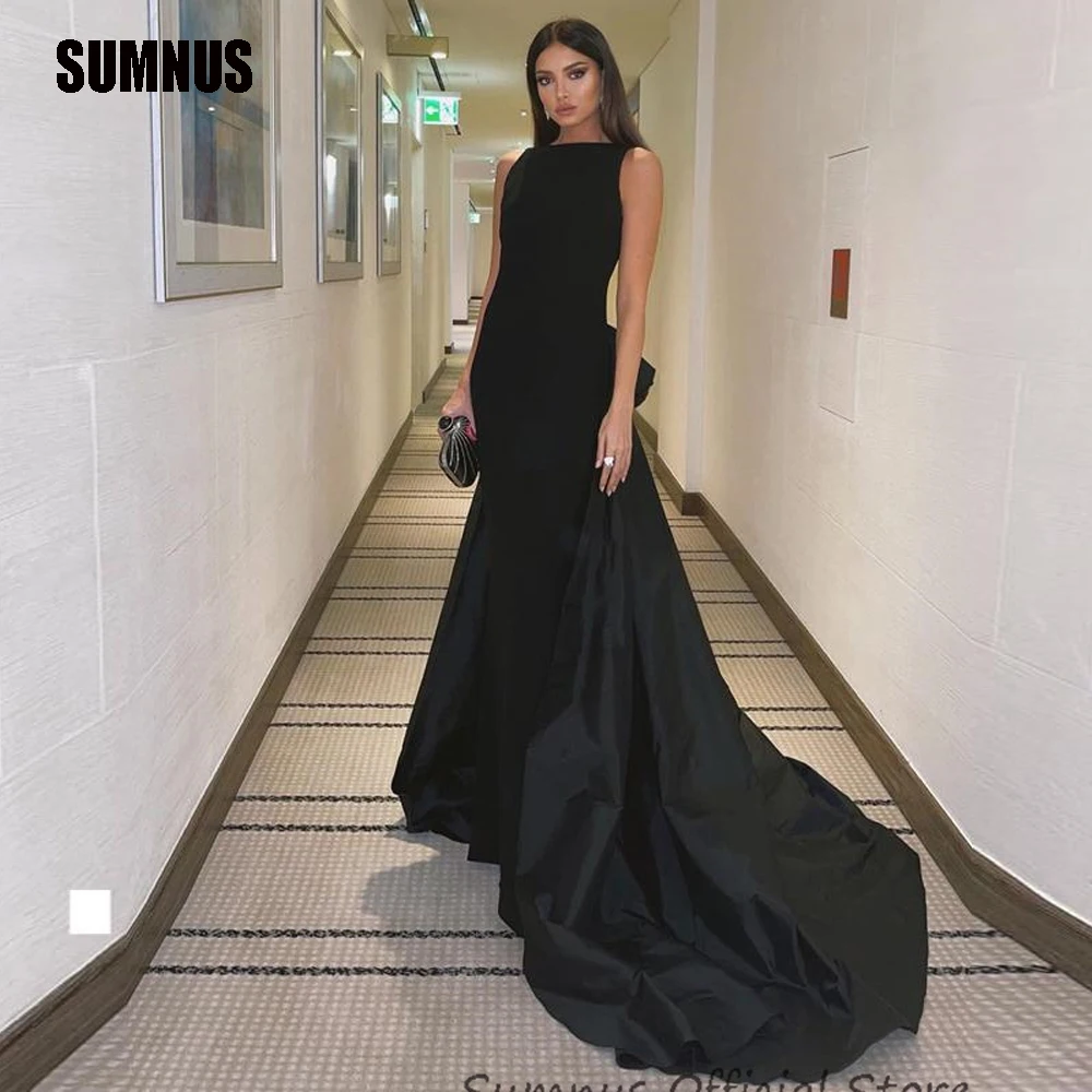 SUMNUS Black Prom Dress Sleeveless Long Bow Train Backless Arabic Evening Night Party Dresses vestidos de fiesta graduación