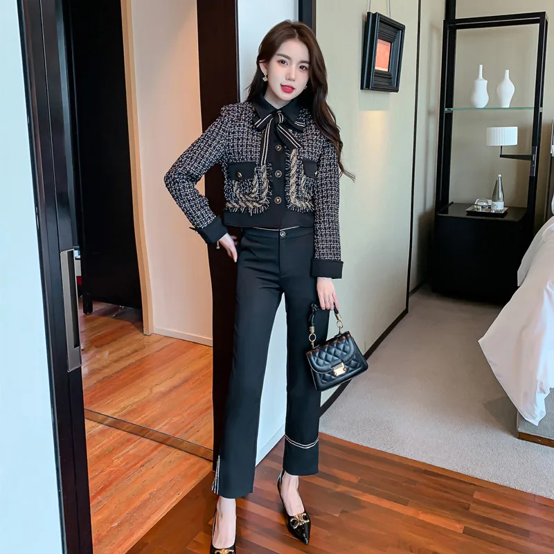 Women Office Work Elegant Chic Suit Tweed Jacke Coat Top And Pant Two Piece Set Outfit Female Autumn Winter Tweed Fragrant Cloth