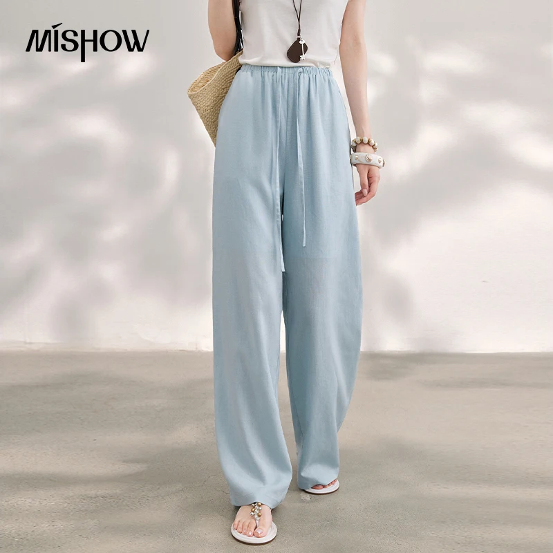 MISHOW Women's Linen Solid Wide Leg Pants 2026 Summer Drawstring Elastic High Waist Slant Pockets Loose Trousers MXF24K2721
