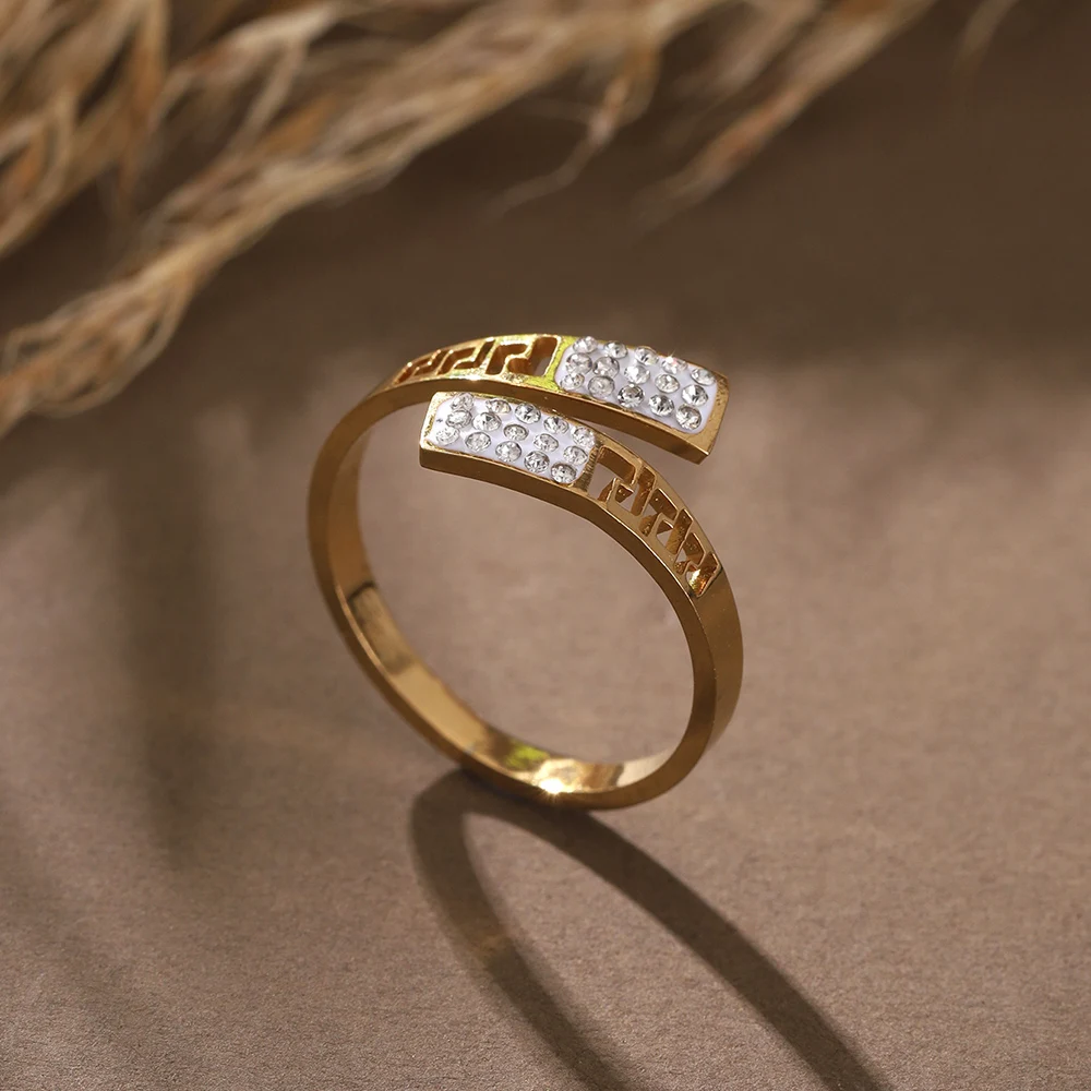 Fashion Geometric Open Stainless Steel Ring for Women Accessories Inlaid Rhinestone Gold Color Ring Daily Party Jewelry Gift