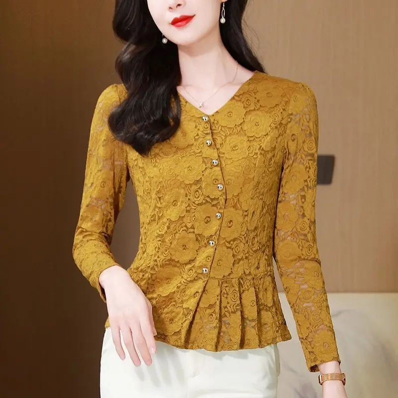 

Новое поступление 2025, осенние женские кружевные блузки с длинным рукавом, модные повседневные рубашки, офисные женские топы с v-образным вырезом, повседневные топы с рюшами и вырезами