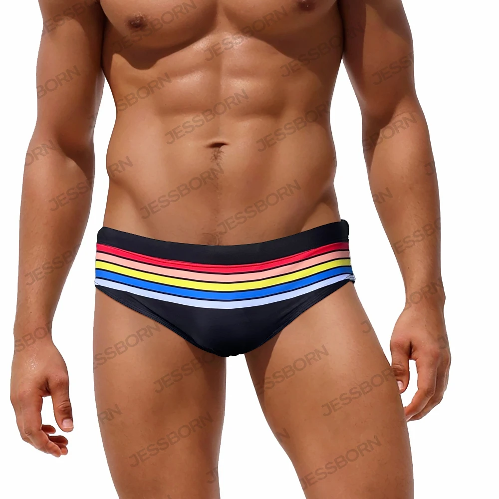 

Summer Mens Rainbow Striped Swimwear Sexy Low Waist Pouch Pad Swim Briefs High Quality Male Sport Beach Quick Dry Bathing Suits