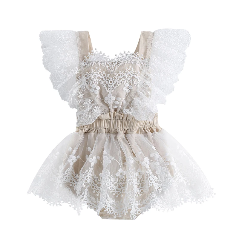 

Newborn Baby Girls Lace Romper Dress Fly Sleeve Square Neck Bodysuit Summer Sleeveless Ruffle Rompers