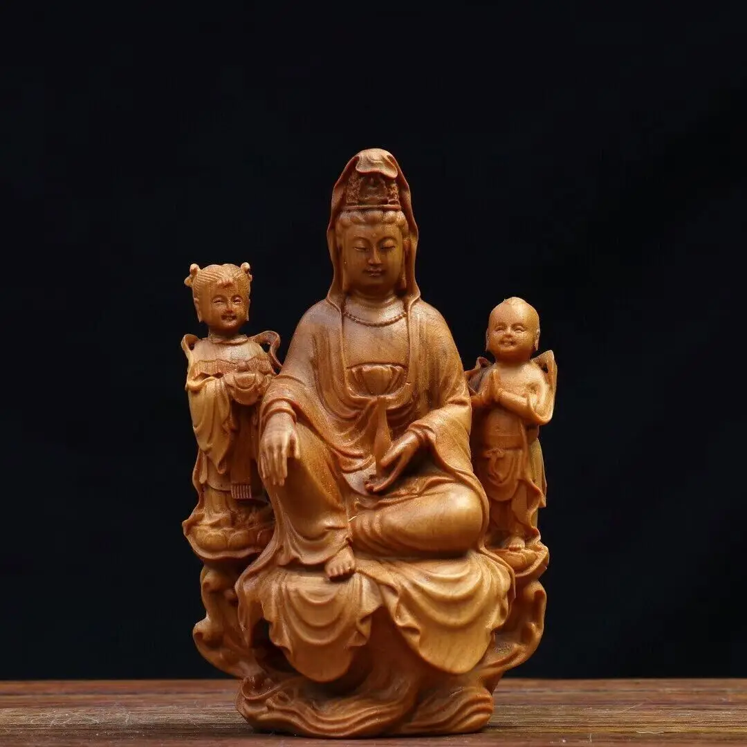 

Chinese Boxwood Wood Hand Carved Guanyin Kwan-yin Children Statue