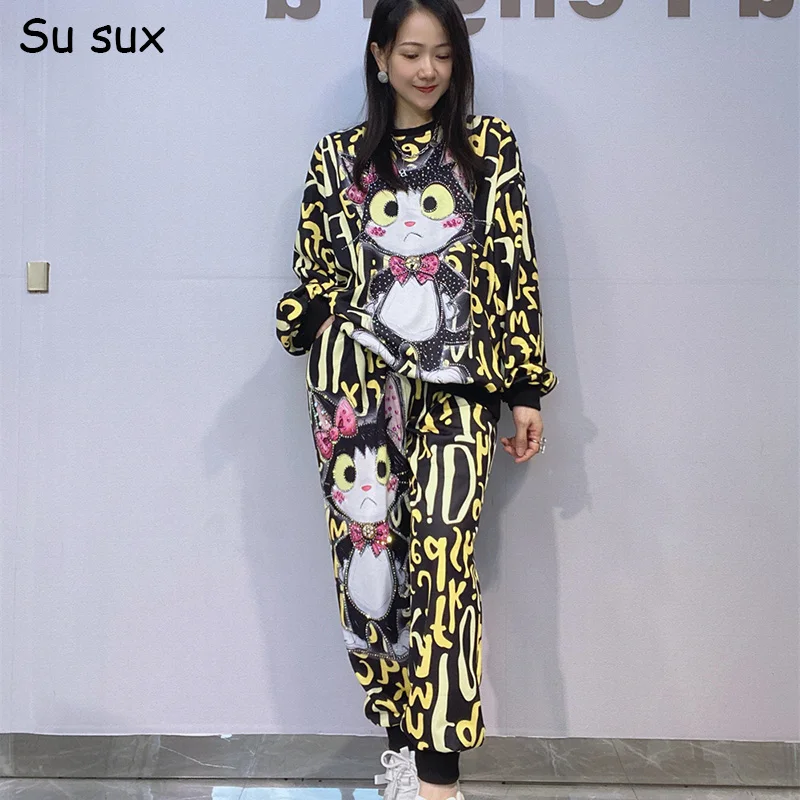 Engraçado gato impressão conjuntos de calças de grandes dimensões mulher 2 peças moda coreana pulôver o pescoço manga longa sweatershirts conjuntos de correspondência 2025
