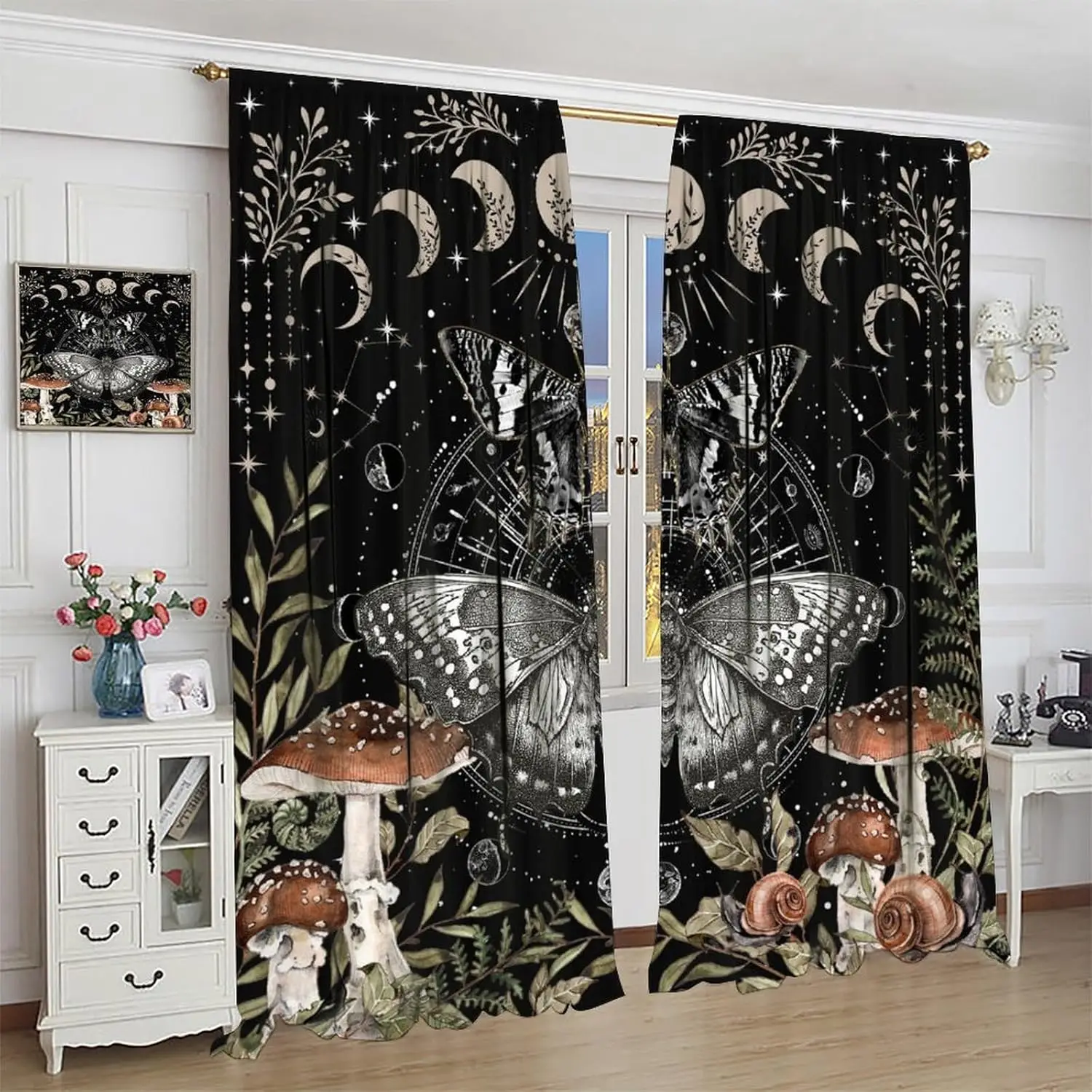 Butterfly Moon Phase Blackout Curtains for Bedroom, Mystic Witchy Astrology Starry Night Magic Plant Mushroom Gothic Aesthetic