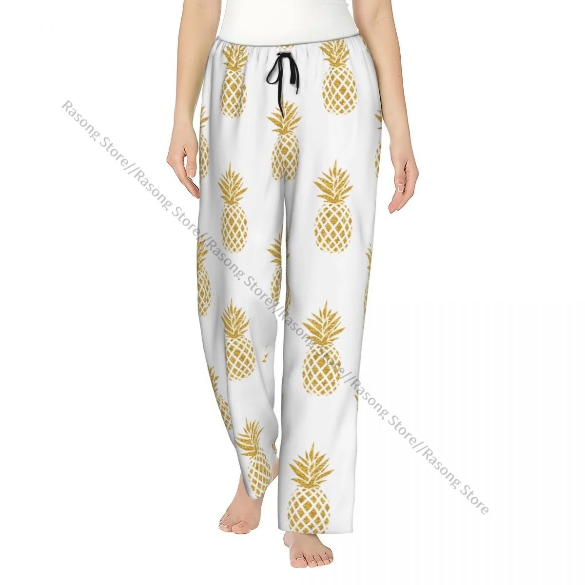 

Gold Pineapple Pattern Flannel Pajama Pants for Women Soft Warm Sleep Pants with Elastic Waistband