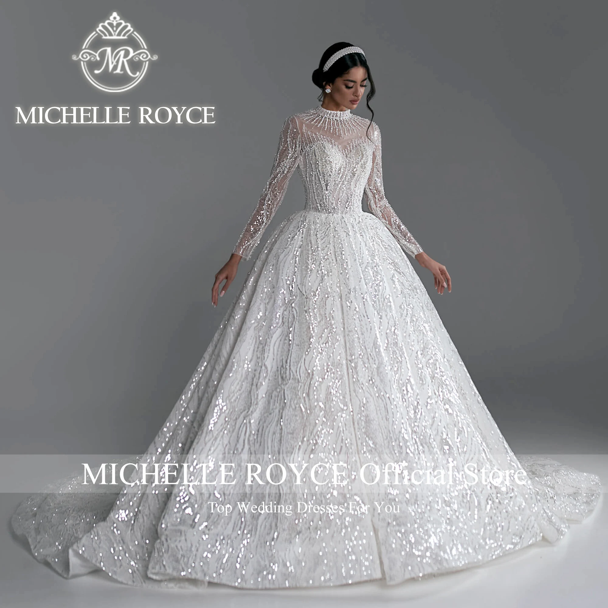 Michelle Royce Ball Gown Wedding Dresses For Women Royal O-Neck Invisible Neckline Sequined Wedding Gown Vestidos De Novia