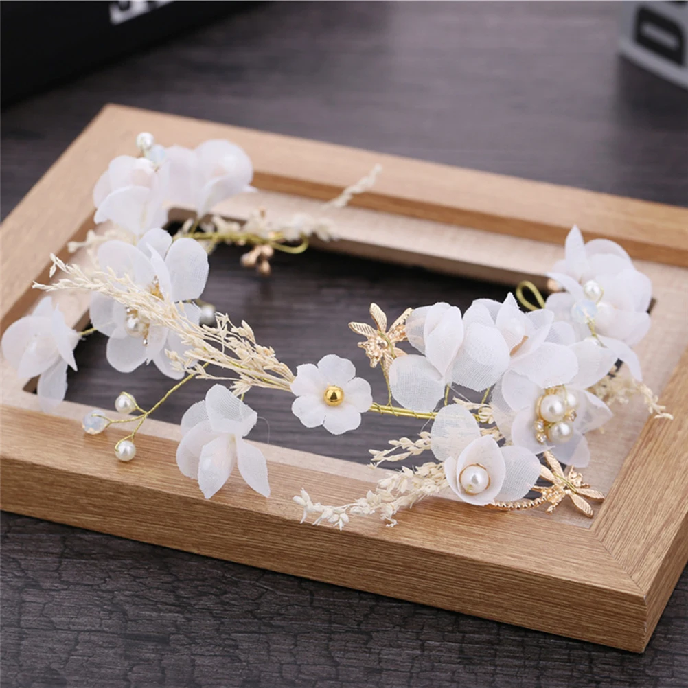 

Wedding Headpiece Bridal Pearl Flower Headband Dried White Hair Band For Party Prom Evening Celebration Honeymoon Bridal