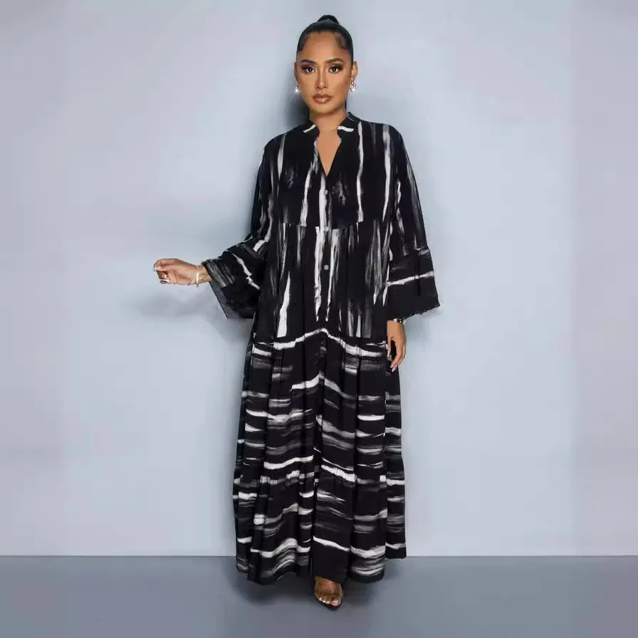 Casual Print Jurk Voor Dames Zomer Lange Mouw Losse Abaya Vrouwen Boho Hoge Taille Vakantie Jurk Vestidos Elegantes Para Mujer