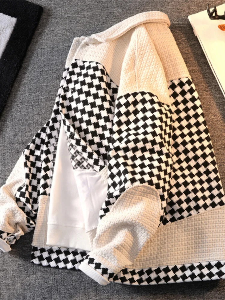 

Весенне-осенняя вязаная куртка в клетку для мужчин и пар, свободного кроя, удлиненная, молодежная, модная, на одной пуговице