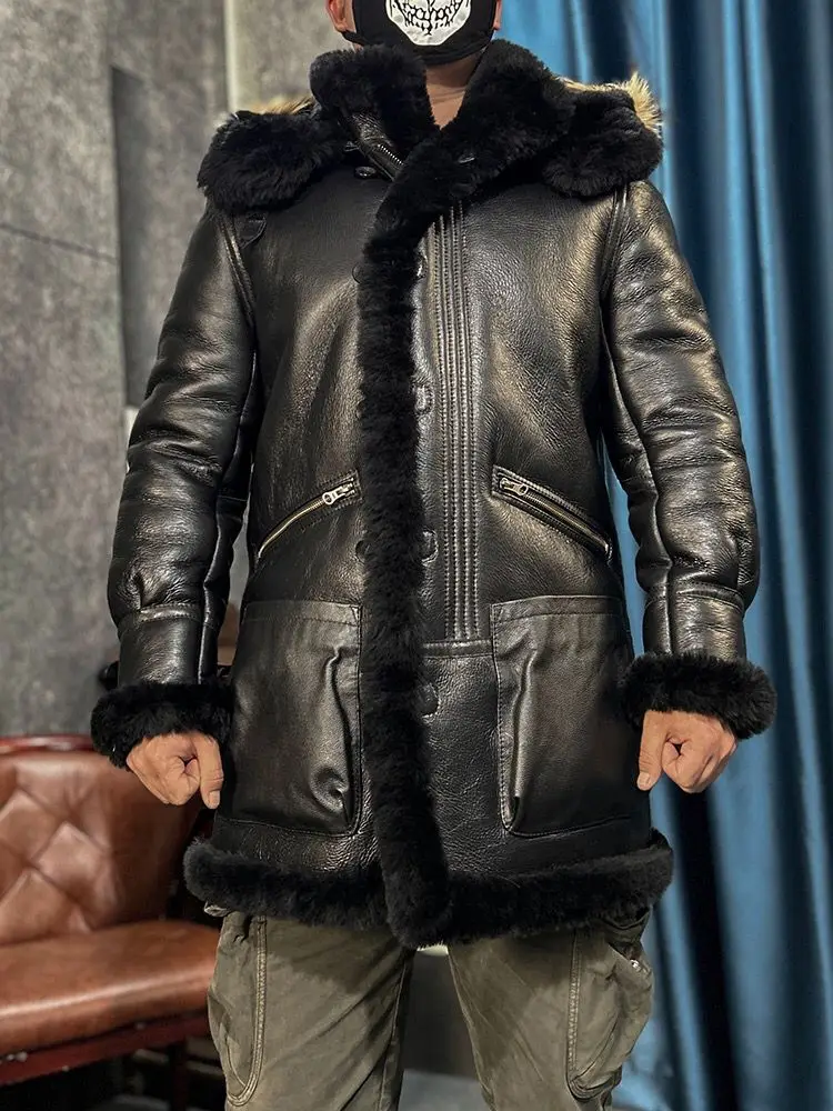 Men\'s Winter Long Coat Genuine Leather Real Sheepskin Shearling Jacket Thick Warm Wool Liner Raccoon Fur Hood Black Big Size 62