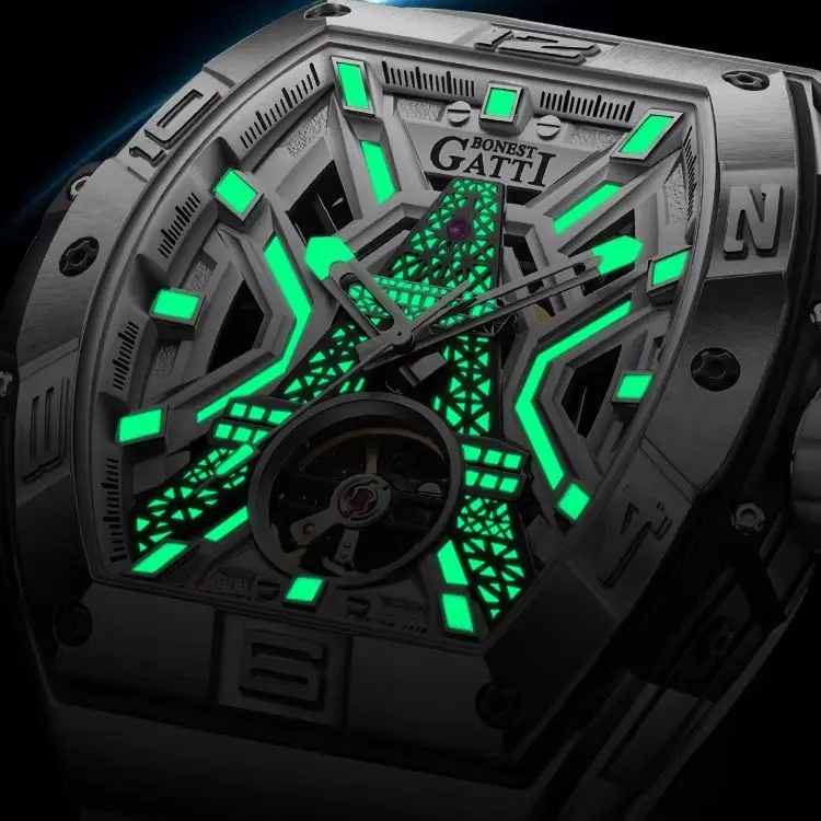 BONEST GATTI Men Automatic Watch Tonneau Mechanical Wristwatch Luminou Waterproof Sapphire Eiffel Tower Dial Fluororubber Strap