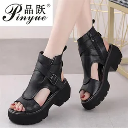 2022 New Summer Black Women Leather Sandals Cool Boots Platform Shoes Wedges Sandals Women Shoes Fashion Outdoor Sandals