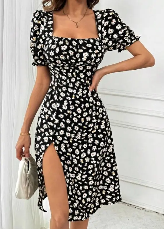 

Summer Classic Style Elegant Temperament Slim Fit Square Collar Flower Print Waist Cinching Bubble Sleeve Slit Design Dress