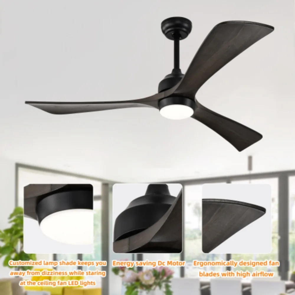 52" Ceiling Fan,Lights Remote Control,Quiet DC Motor 3 Blade Ceiling Fan,6 Speed,Matte Black+Black Walnut,Reversible Ceiling Fan