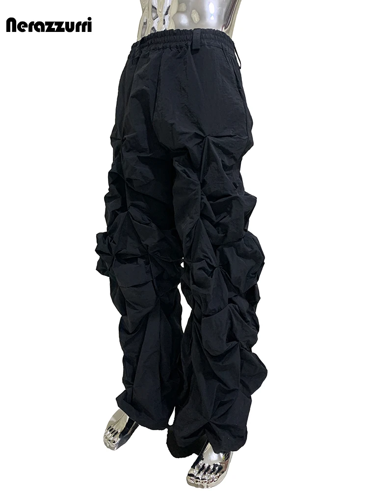 Nerazzurri الخريف كول وسيم طويل أسود Ruched مكدسة السراويل للرجال مرونة الخصر الفاخرة مصمم ايمو الملابس الرجالية 2025 #2