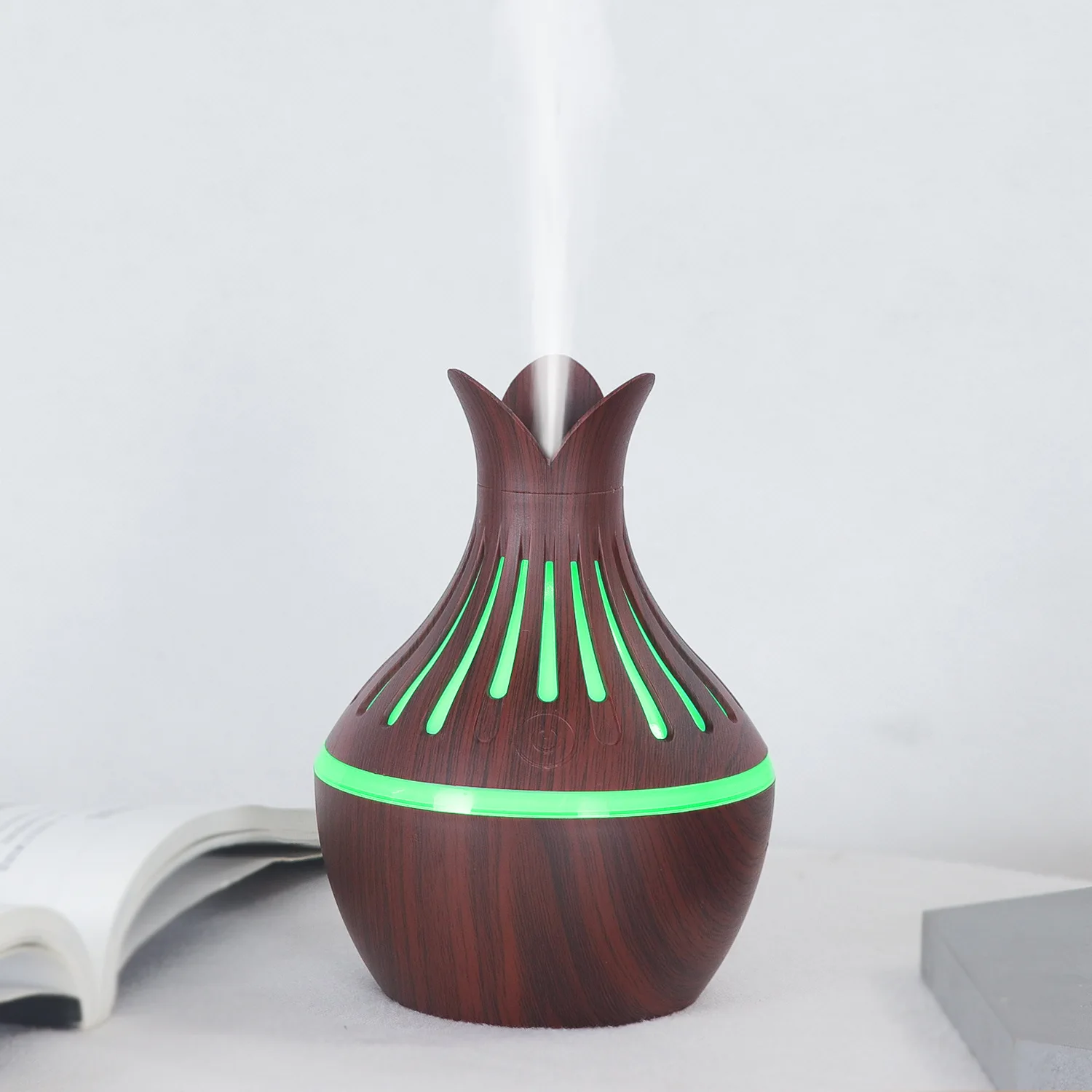 300ml USB Wood Grain Air Humidifier Creative Hollow Flower Vase Mist Maker Ultrasonic Cool Mist Humidifier for Home Office
