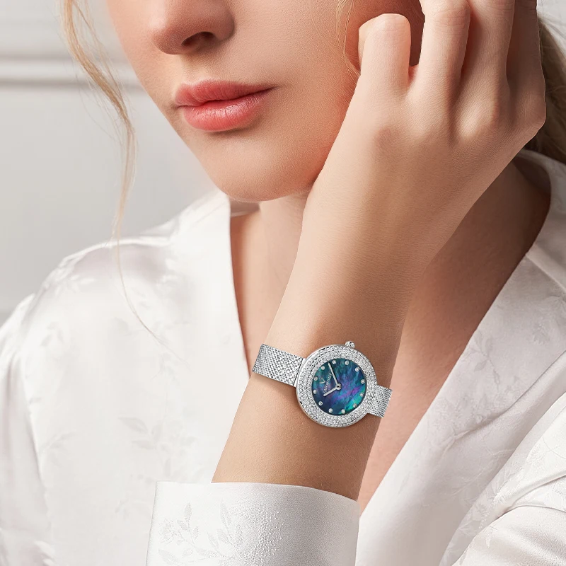 Luxury Round Diamond Quartz Blue Woman Watches Mesh Strap Female Mesh Strap