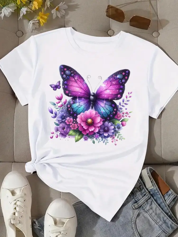 Camisetas gráficas t roupas de moda imprimir popular casual doce vintage borboleta flor feminina o-pescoço manga curta camisetas