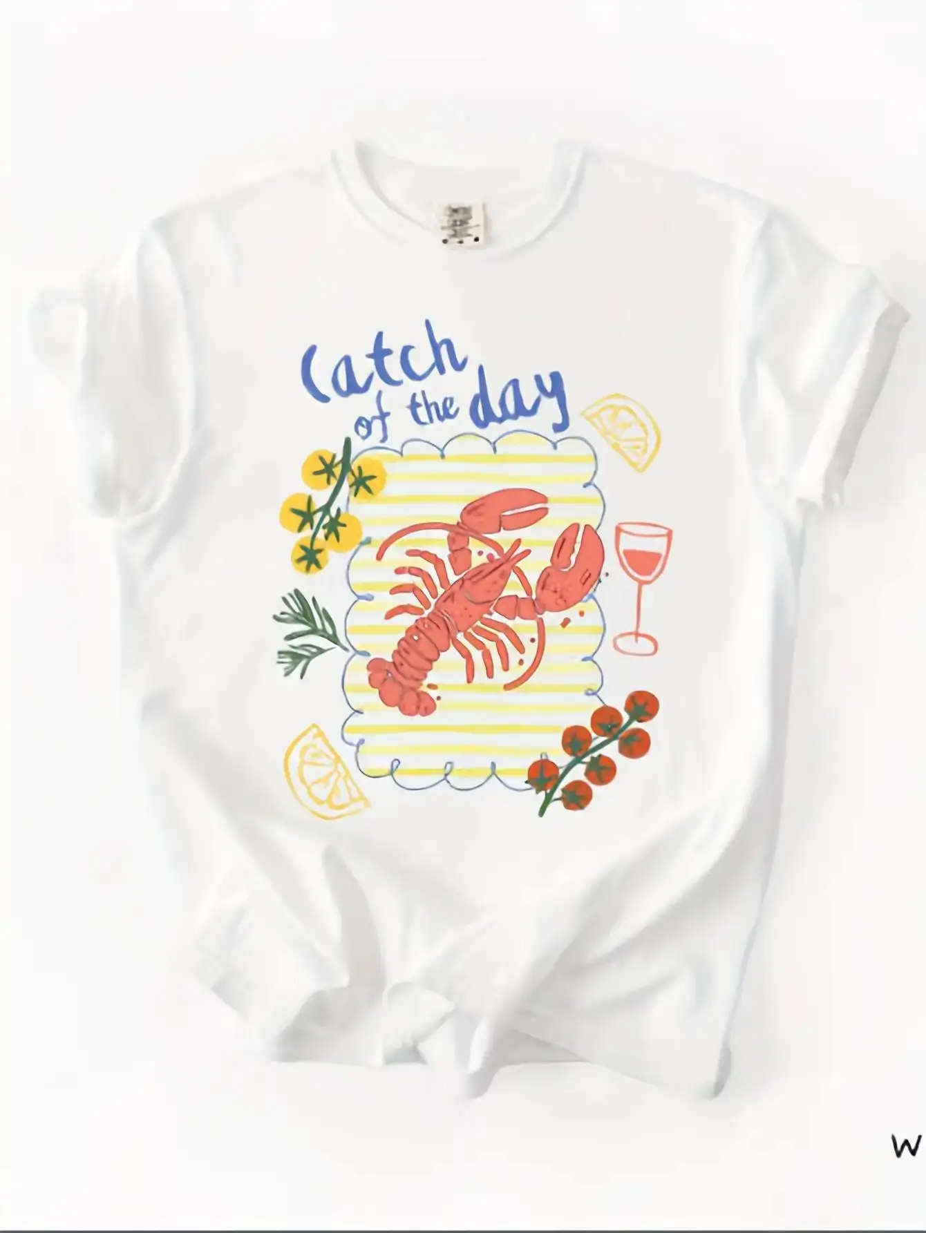 Women's Bohemian Nautical Seafood White Sleeve Round Neck Lobster Citrus Print Top with 