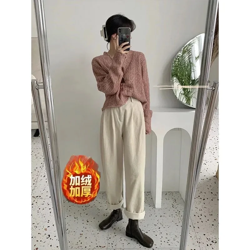 

Винтажные вельветовые широкие брюки, женские мешковатые брюки с высокой талией и карманами, уличная одежда, корейские универсальные черные повседневные прямые брюки