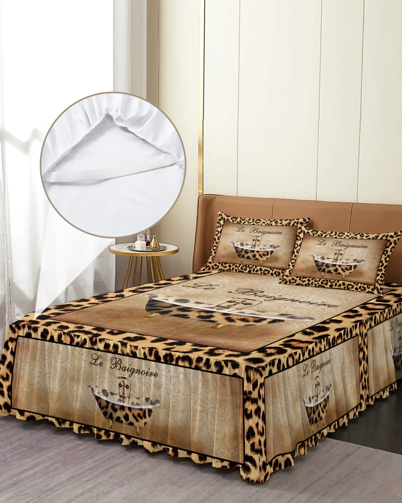 Leopard Print Skin Texture Bathtub Bed Skirt Elastic Fitted Bedspread With Pillowcases Mattress Cover Bedding Set Bed Sheet