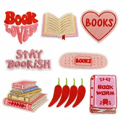 Book Worm Embroidered Appliques for Clothing Love Reading Iron on Patch Stay Bookish Badge Books Heart Thermal Adhesive Stickers