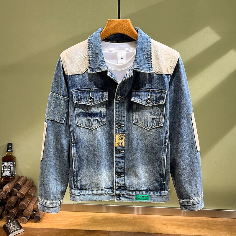 

Street fashion men jacket high quality retro blue ripped denim jacket men vintage coat patched designer hip hop chaqueta Hombre