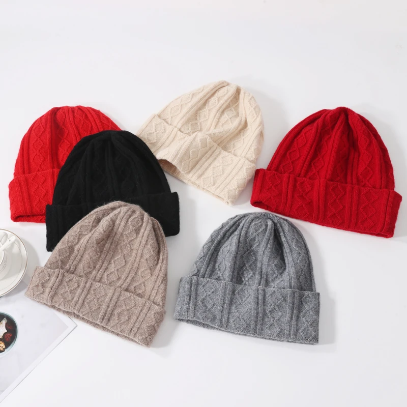 100%Pure Wool Beanies for Women Winter 2023 Solid Warm Soft Cashmere Hat Bonnets y2k Knitted Skullies Cute Hats Ear Protect Caps