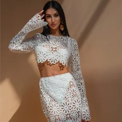 Elegant Embroidered Hollow Beach Skirt, Sexy See-through Short Top + Long Skirt For Women, Summer Slim Lace Skirt