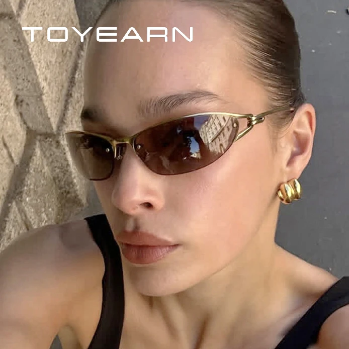 Image of Beliebte neue Y2K-Marken-Designer-Halbrahmen-Sonnenbrille für Damen und Herren, Vintage-Luxus-Punk-Metallnieten-Sonnenbrille, sexy Augenbrille