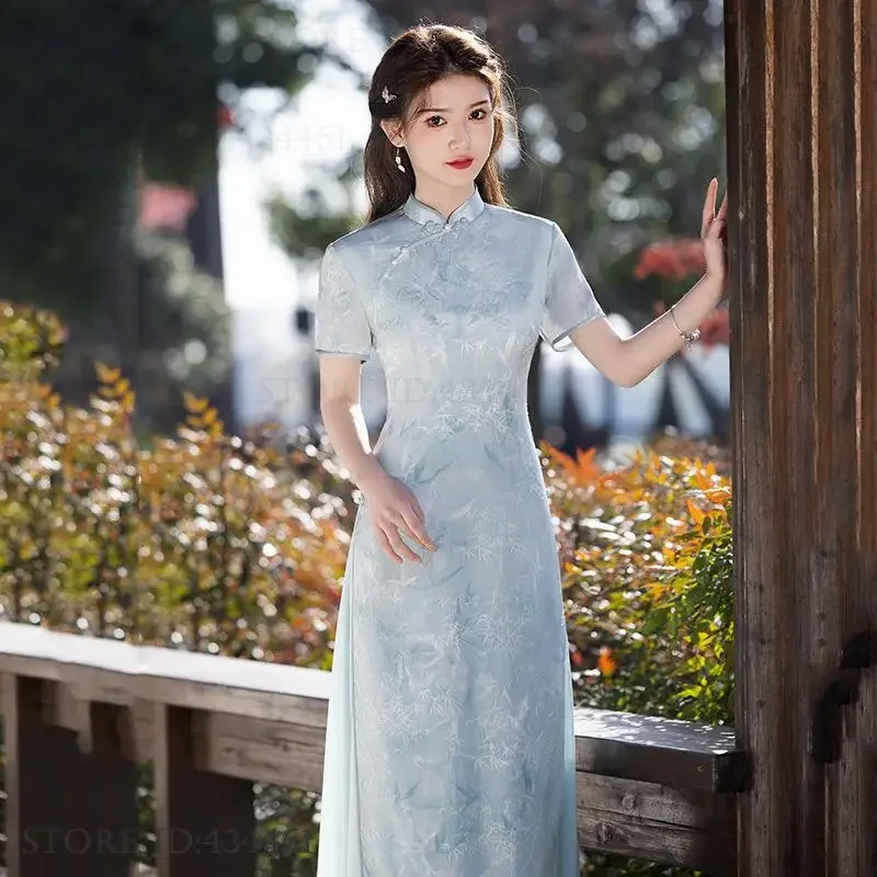 

Новое платье в китайском стиле, улучшенное Cheongsam Aodai, элегантное женское длинное платье Ципао Ханфу, сексуальное традиционное платье с воротником-стойкой, Vestidos